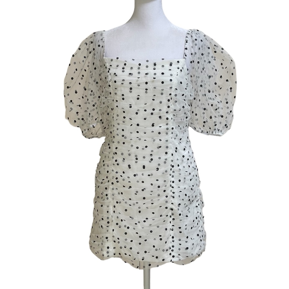MISSPAP Black White Polka Dots Mini Dress Sz 8 Mesh Netting Short Sheer Sleeves
